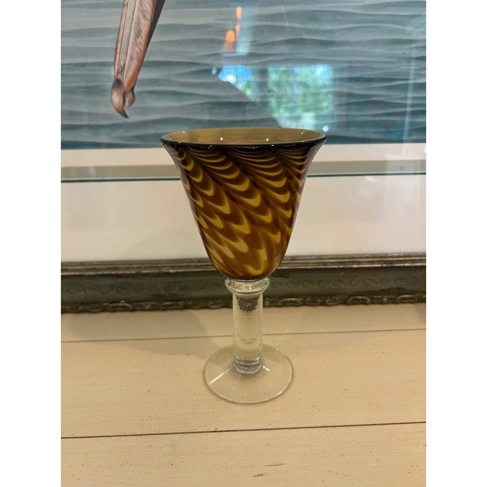 Art Glass Wine Goblet Amber Brown Pulled Feather Festooned Hand Blown 8.5